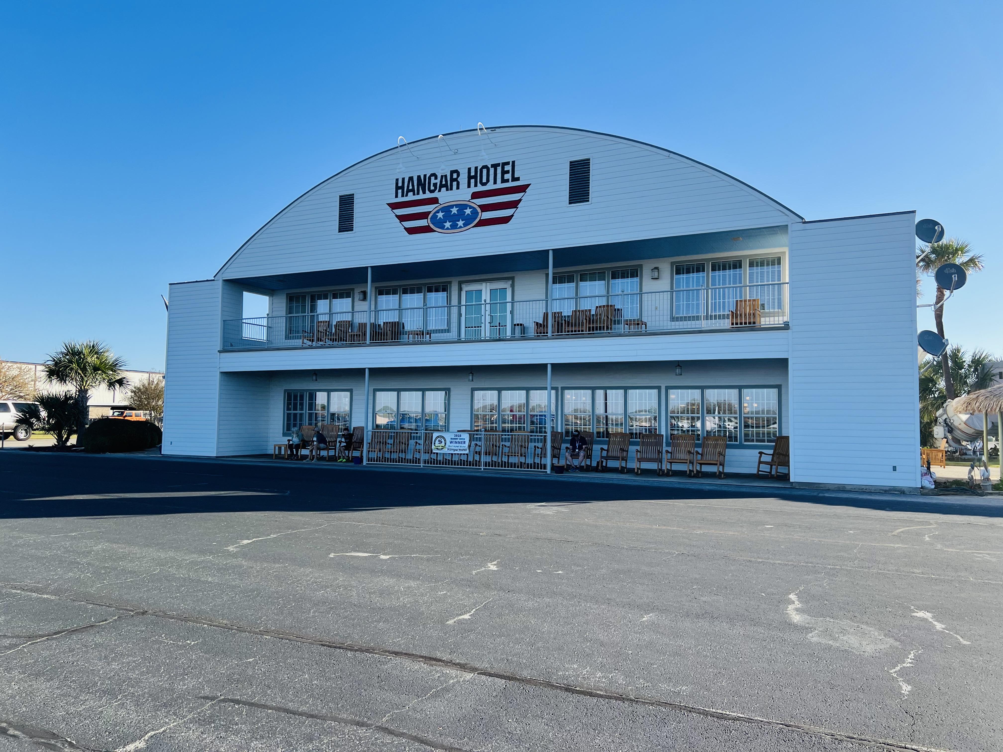 Hangar Hotel exterior — WWII themed aviation hotel